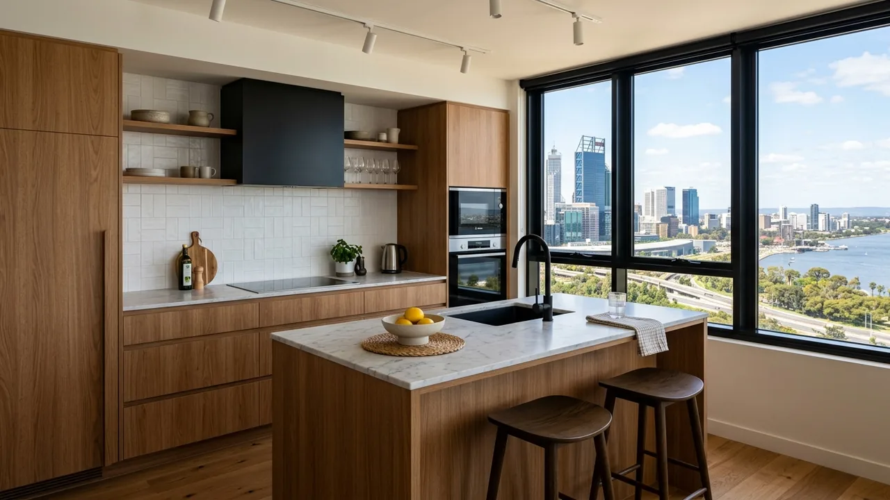 Apartment kitchen renovation in Perth with efficient layout, stone bench and warm joinery