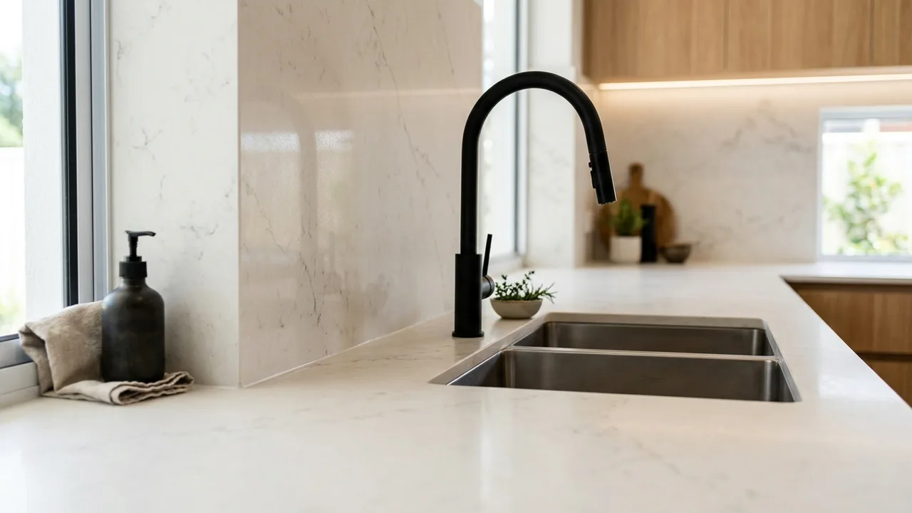 Perth kitchen benchtop and splashback upgrade with compliant stone-look finish